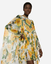 Short silk chiffon dress with yellow rose print - | Dolce & Gabbana