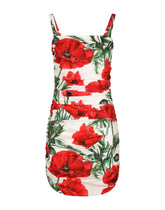 Short charmeuse dress with poppy print - | Dolce & Gabbana