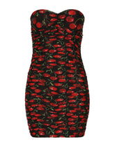 Cherry-print tulle strapless dress with draping - | Dolce & Gabbana