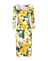 Charmeuse sheath dress with yellow rose print - | Dolce & Gabbana