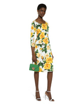 Charmeuse sheath dress with yellow rose print - | Dolce & Gabbana