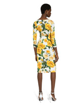 Charmeuse sheath dress with yellow rose print - | Dolce & Gabbana