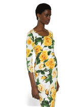 Charmeuse sheath dress with yellow rose print - | Dolce & Gabbana