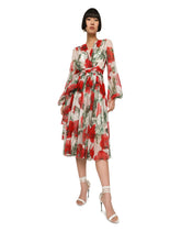 Poppy-print chiffon calf-length dress - | Dolce & Gabbana
