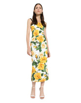 Draped charmeuse dress with yellow rose print - | Dolce & Gabbana