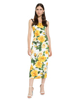 Draped charmeuse dress with yellow rose print - | Dolce & Gabbana