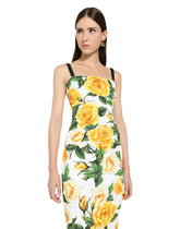 Draped charmeuse dress with yellow rose print - | Dolce & Gabbana