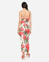 Carnation-print charmeuse calf-length dress - | Dolce & Gabbana