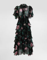 Longuette dress with ruffles and flounces in rose print chiffon - | Dolce & Gabbana