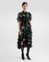 Longuette dress with ruffles and flounces in rose print chiffon - | Dolce & Gabbana