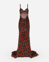 Long cherry-print chiffon dress with train - | Dolce & Gabbana