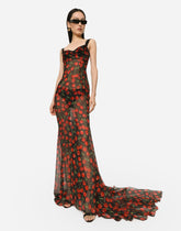 Long cherry-print chiffon dress with train - | Dolce & Gabbana