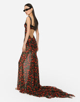 Long cherry-print chiffon dress with train - | Dolce & Gabbana