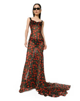 Long cherry-print chiffon dress with train - | Dolce & Gabbana