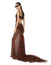 Long cherry-print chiffon dress with train - | Dolce & Gabbana