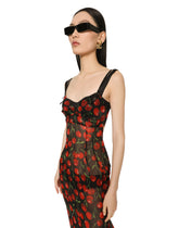 Long cherry-print chiffon dress with train - | Dolce & Gabbana