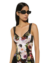 Short satin corset dress with rose garden print - | Dolce & Gabbana