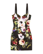 Short satin corset dress with rose garden print - | Dolce & Gabbana