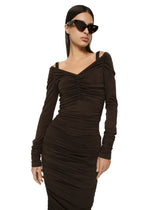 V-neck calf-length dress in wool jersey - | Dolce & Gabbana