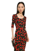 Cherry-print charmeuse calf-length dress - | Dolce & Gabbana