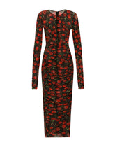 Cherry-print tulle calf-length dress with draping - | Dolce & Gabbana