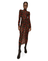 Cherry-print tulle calf-length dress with draping - | Dolce & Gabbana