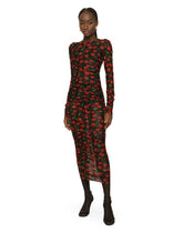 Cherry-print tulle calf-length dress with draping - | Dolce & Gabbana