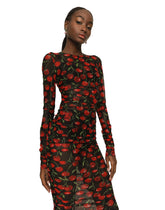 Cherry-print tulle calf-length dress with draping - | Dolce & Gabbana