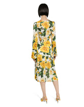 Organzine V-neck dress with yellow rose print - | Dolce & Gabbana