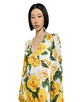 Organzine V-neck dress with yellow rose print - | Dolce & Gabbana
