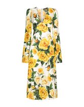 Organzine V-neck dress with yellow rose print - | Dolce & Gabbana