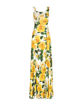 Long organzine round-neck dress with yellow rose print - | Dolce & Gabbana