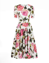 Cotton calf-length babydoll dress with rose print - | Dolce & Gabbana