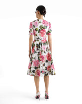 Cotton calf-length babydoll dress with rose print - | Dolce & Gabbana