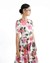 Cotton calf-length babydoll dress with rose print - | Dolce & Gabbana