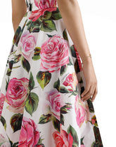 Cotton calf-length babydoll dress with rose print - | Dolce & Gabbana