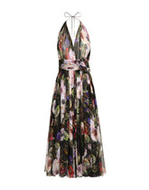 Chiffon calf-length dress with rose garden print - | Dolce & Gabbana