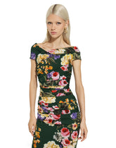 Charmeuse draped sheath dress with garden print - | Dolce & Gabbana