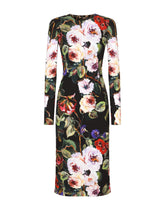 Charmeuse sheath dress with rose garden print - | Dolce & Gabbana