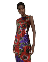 Sequined sheath dress with anemone print - | Dolce & Gabbana