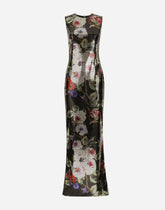 Long sequined dress with rose garden print - | Dolce & Gabbana
