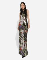 Long sequined dress with rose garden print - | Dolce & Gabbana