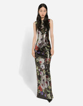 Long sequined dress with rose garden print - | Dolce & Gabbana