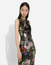 Long sequined dress with rose garden print - | Dolce & Gabbana