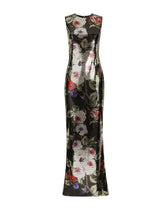 Long sequined dress with rose garden print - | Dolce & Gabbana