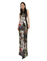 Long sequined dress with rose garden print - | Dolce & Gabbana