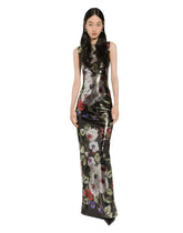 Long sequined dress with rose garden print - | Dolce & Gabbana