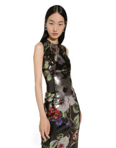Long sequined dress with rose garden print - | Dolce & Gabbana