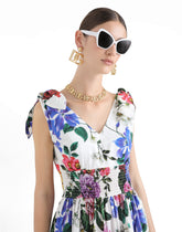 Cotton midi dress with floral print and tie details - | Dolce & Gabbana