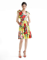 Cotton midi dress with bouquet print and tie details - | Dolce & Gabbana